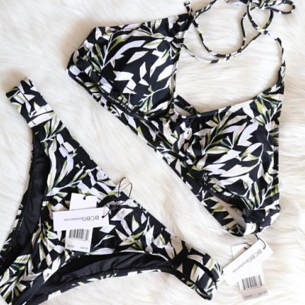 NWT BCBGeneration Black Bikini Set Size XL White Leafy Palm Print Bathing Suit